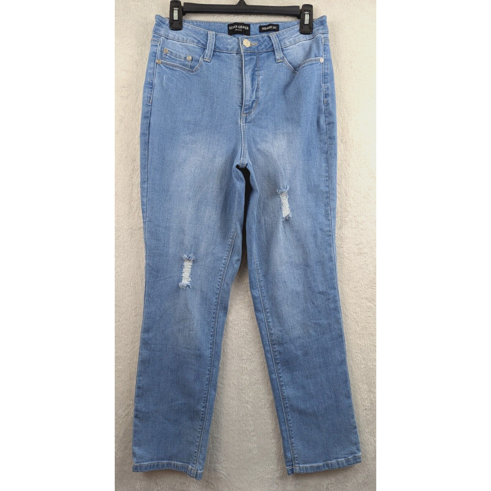 Susan Graver sz 6 Jeans straight leg stretchy thin distressed high rise 3474